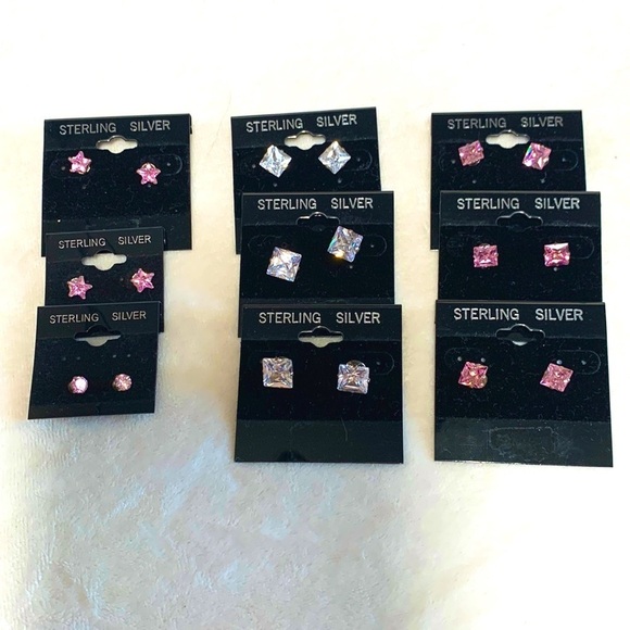 Lot of 9 pairs of sterling silver stud earrings square round and star design - Picture 1 of 6